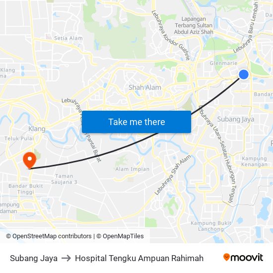 Subang Jaya to Hospital Tengku Ampuan Rahimah map