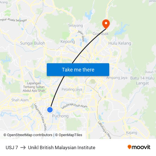 USJ 7 to Unikl British Malaysian Institute map