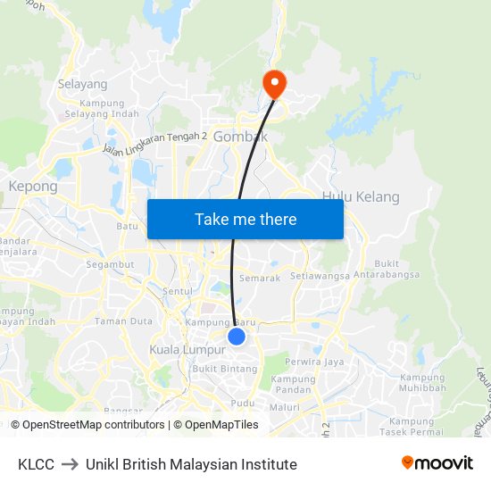 KLCC to Unikl British Malaysian Institute map