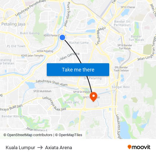 Kuala Lumpur to Axiata Arena map