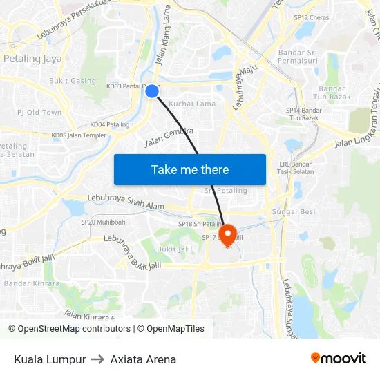 Kuala Lumpur to Axiata Arena map