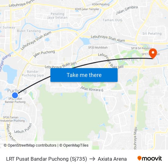 LRT Pusat Bandar Puchong (Sj735) to Axiata Arena map