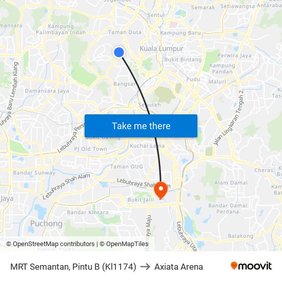 MRT Semantan, Pintu B (Kl1174) to Axiata Arena map