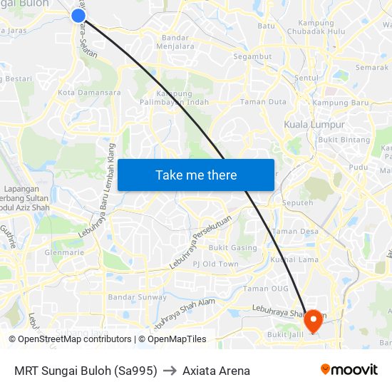 MRT Sungai Buloh (Sa995) to Axiata Arena map