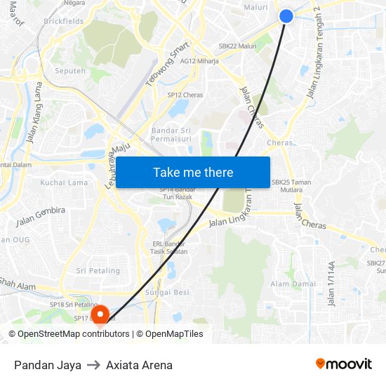 Pandan Jaya to Axiata Arena map