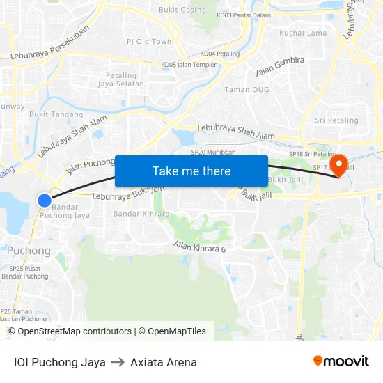 IOI Puchong Jaya to Axiata Arena map