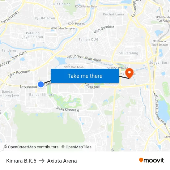 Kinrara B.K.5 to Axiata Arena map