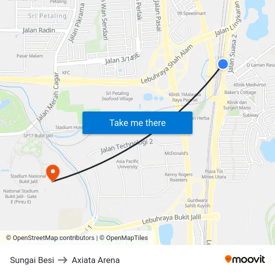 Sungai Besi to Axiata Arena map