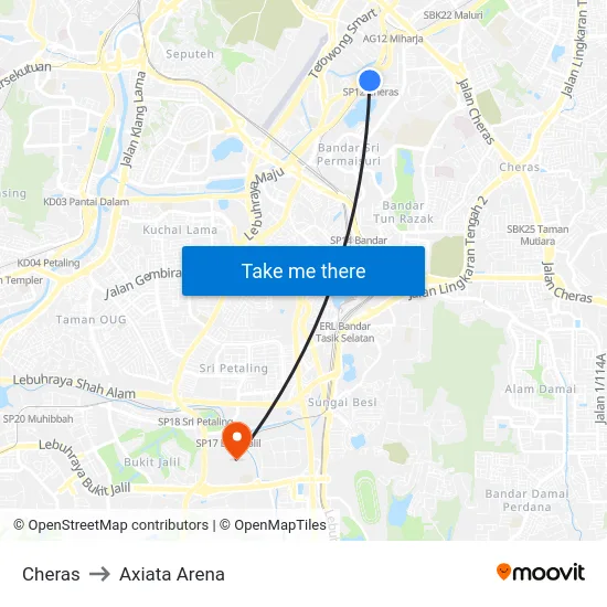 Cheras to Axiata Arena map