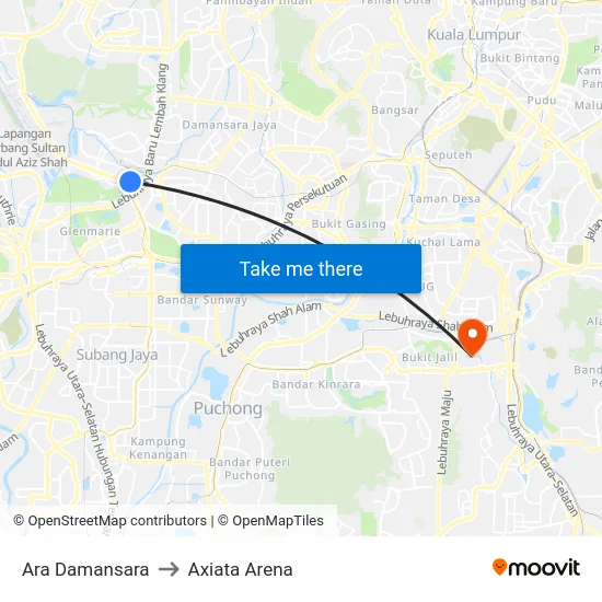 Ara Damansara to Axiata Arena map