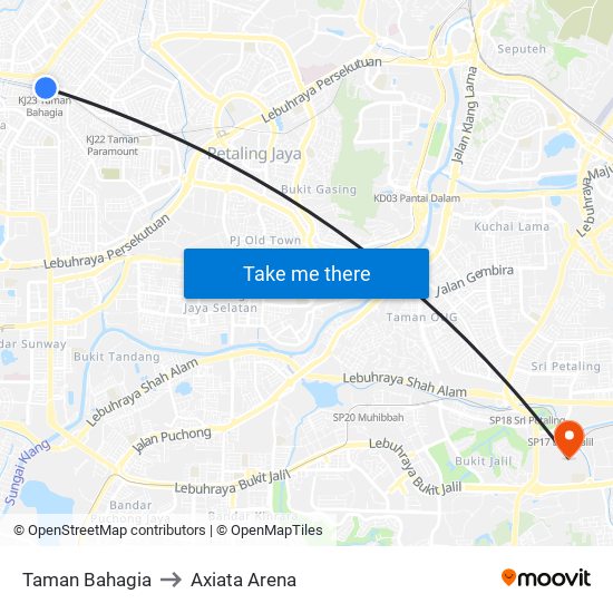 Taman Bahagia to Axiata Arena map