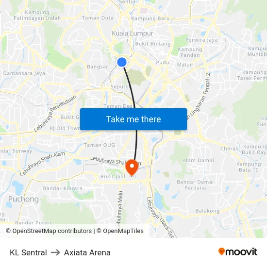 KL Sentral to Axiata Arena map