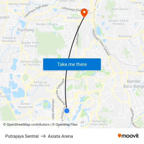 Putrajaya Sentral to Axiata Arena map
