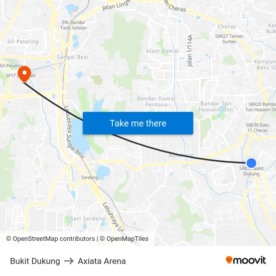 Bukit Dukung to Axiata Arena map