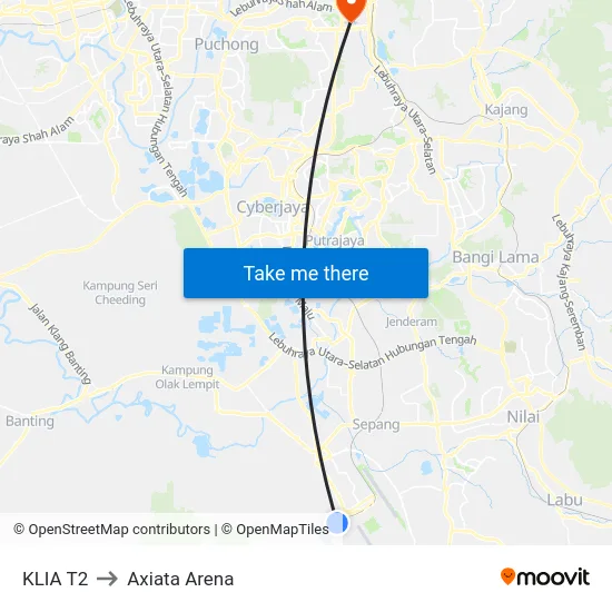 KLIA T2 to Axiata Arena map