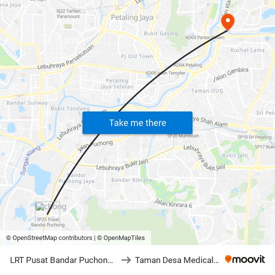 LRT Pusat Bandar Puchong (Sj735) to Taman Desa Medical Centre map