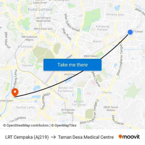 LRT Cempaka (Aj219) to Taman Desa Medical Centre map