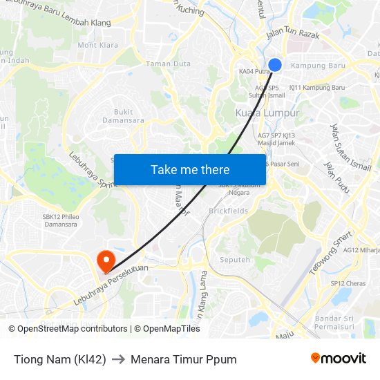 Tiong Nam (Kl42) to Menara Timur Ppum map