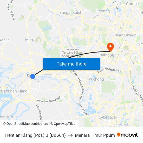 Hentian Klang (Pos) B (Bd664) to Menara Timur Ppum map