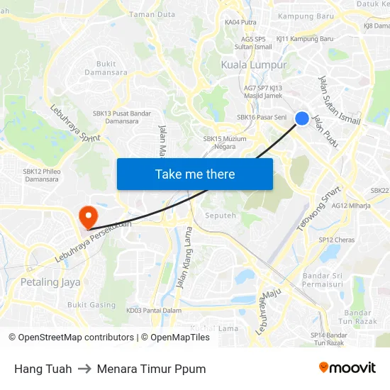 Hang Tuah to Menara Timur Ppum map