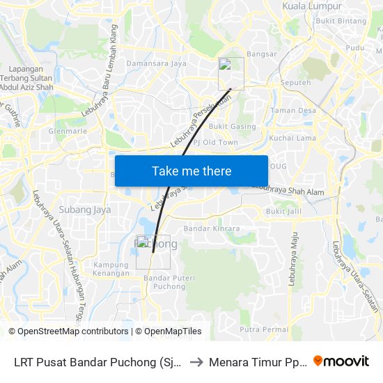 LRT Pusat Bandar Puchong (Sj735) to Menara Timur Ppum map