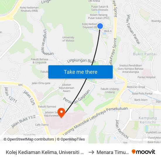 Kolej Kediaman Kelima, Universiti Malaya (Kl2343) to Menara Timur Ppum map