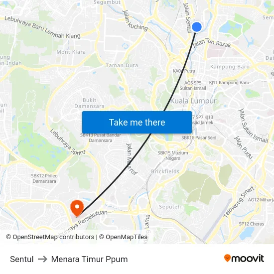 Sentul to Menara Timur Ppum map