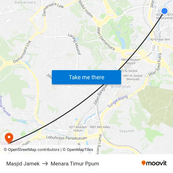 Masjid Jamek to Menara Timur Ppum map