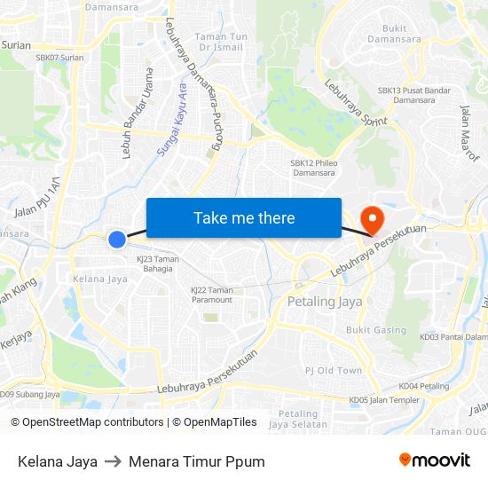 Kelana Jaya to Menara Timur Ppum map