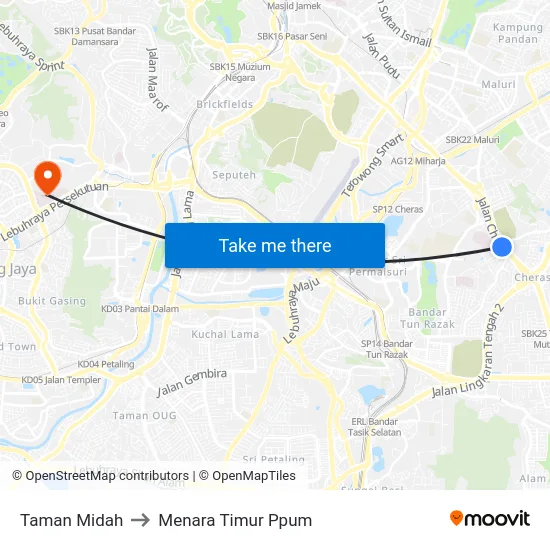 Taman Midah to Menara Timur Ppum map