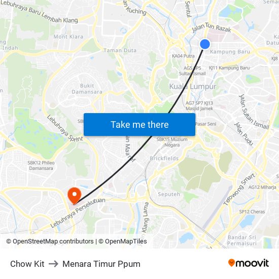 Chow Kit to Menara Timur Ppum map