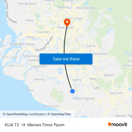 KLIA T2 to Menara Timur Ppum map