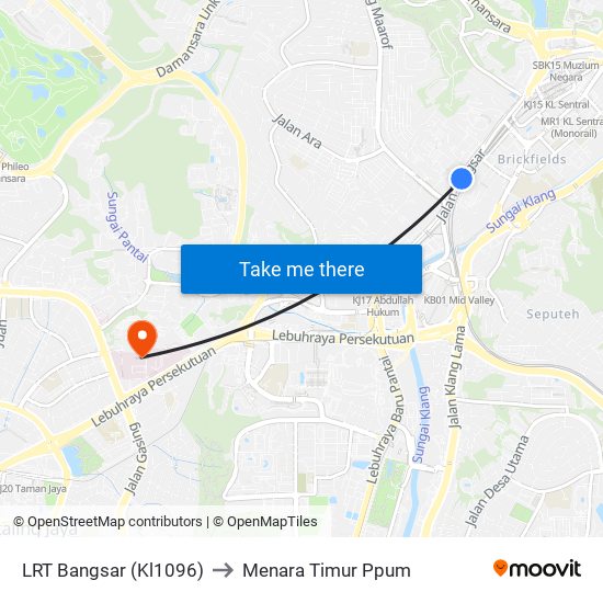 LRT Bangsar (Kl1096) to Menara Timur Ppum map