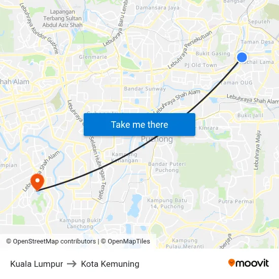 Kuala Lumpur to Kota Kemuning map