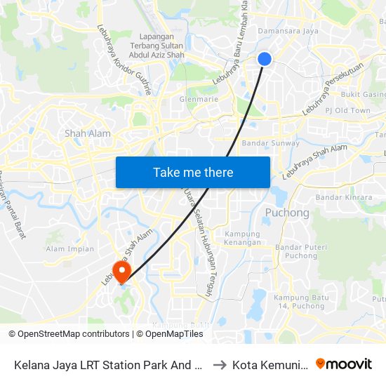 Kelana Jaya LRT Station Park And Ride to Kota Kemuning map