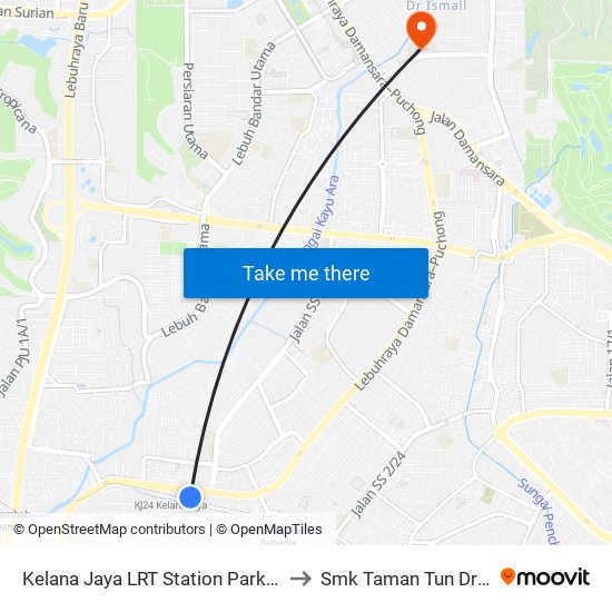 Kelana Jaya LRT Station Park And Ride to Smk Taman Tun Dr Ismail map