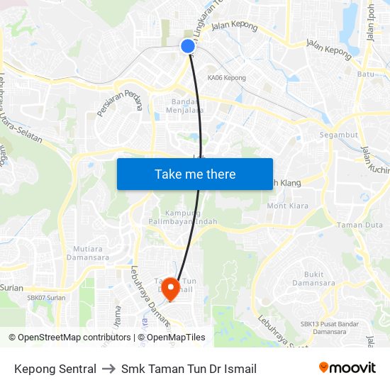 Kepong Sentral to Smk Taman Tun Dr Ismail map