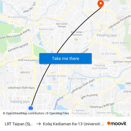 LRT Taipan (Sj546) to Kolej Kediaman Ke-13 Universiti Malaya map
