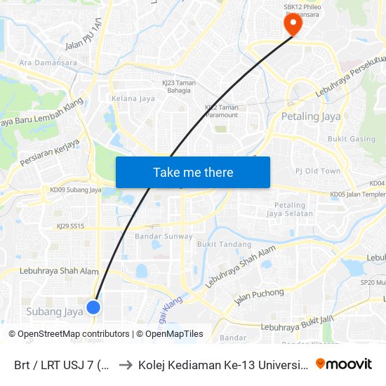 Brt / LRT USJ 7 (Sj692) to Kolej Kediaman Ke-13 Universiti Malaya map