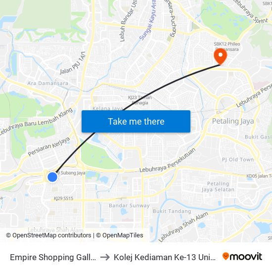 Empire Shopping Gallery (Sj414) to Kolej Kediaman Ke-13 Universiti Malaya map