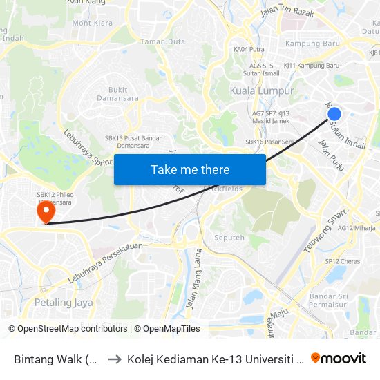Bintang Walk (Kl85) to Kolej Kediaman Ke-13 Universiti Malaya map