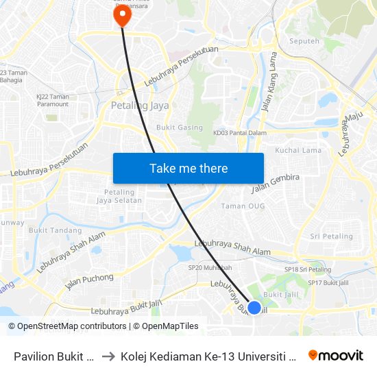 Pavilion Bukit Jalil to Kolej Kediaman Ke-13 Universiti Malaya map