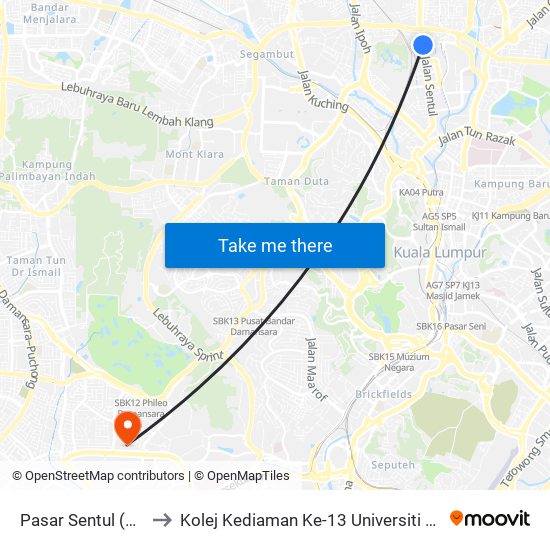 Pasar Sentul (Opp) to Kolej Kediaman Ke-13 Universiti Malaya map