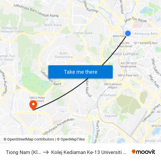Tiong Nam (Kl42) to Kolej Kediaman Ke-13 Universiti Malaya map