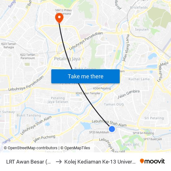 LRT Awan Besar (Kl2324) to Kolej Kediaman Ke-13 Universiti Malaya map