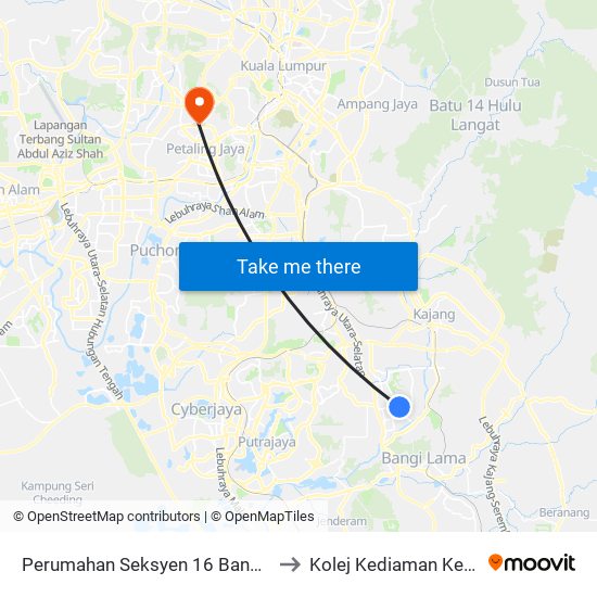 Perumahan Seksyen 16 Bandar Baru Bangi (Utara) (Kj514) to Kolej Kediaman Ke-13 Universiti Malaya map