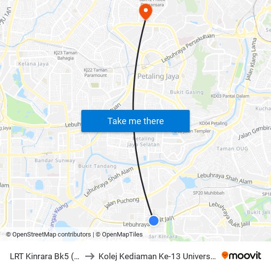 LRT Kinrara Bk5 (Sj360) to Kolej Kediaman Ke-13 Universiti Malaya map