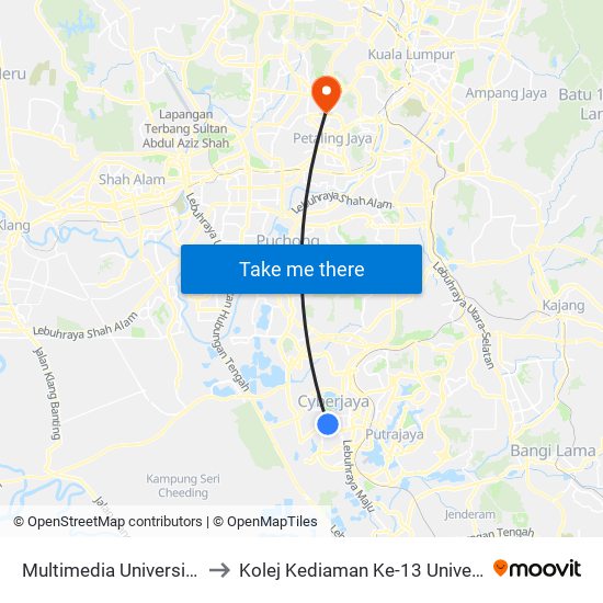 Multimedia University (Mmu) to Kolej Kediaman Ke-13 Universiti Malaya map