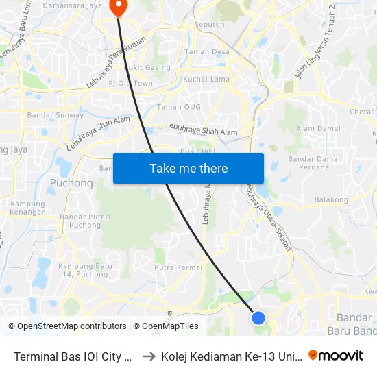 Terminal Bas IOI City Mall (Sp292) to Kolej Kediaman Ke-13 Universiti Malaya map