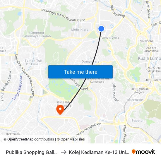 Publika Shopping Gallery (Kl1023) to Kolej Kediaman Ke-13 Universiti Malaya map